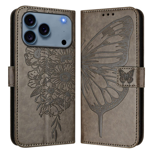 iPhone 17 Pro Embossed Butterfly Leather Phone Case - Grey