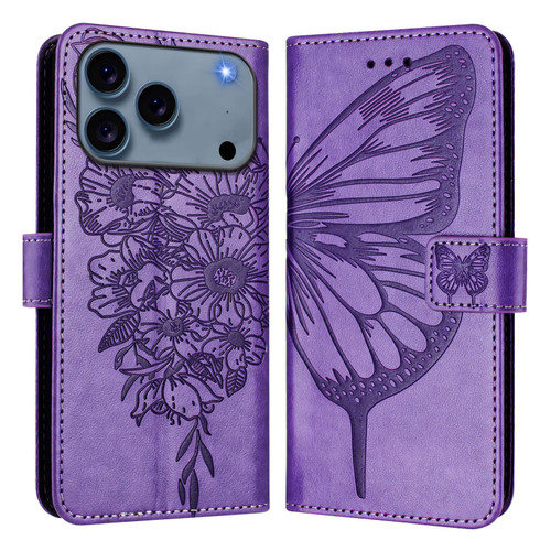 iPhone 17 Pro Embossed Butterfly Leather Phone Case - Light Purple