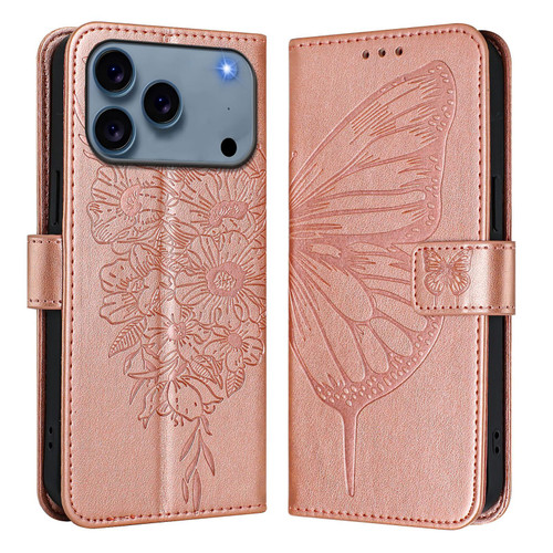 iPhone 17 Pro Embossed Butterfly Leather Phone Case - Rose Gold