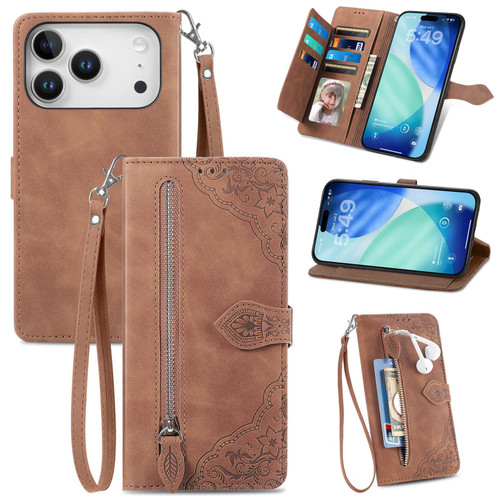 iPhone 17 Pro Embossed Flower Zipper Leather Phone Case - Purple