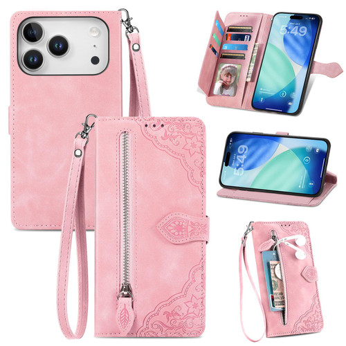 iPhone 17 Pro Embossed Flower Zipper Leather Phone Case - Pink
