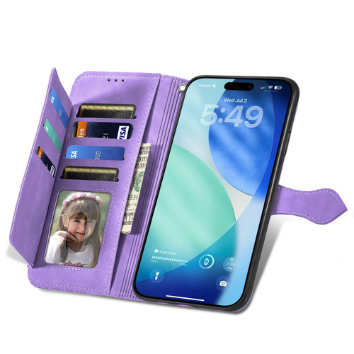 iPhone 17 Pro Embossed Flower Zipper Leather Phone Case - Purple
