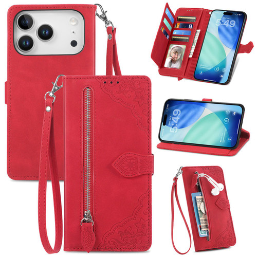 iPhone 17 Pro Embossed Flower Zipper Leather Phone Case - Purple