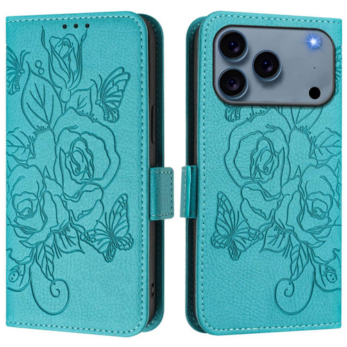 iPhone 17 Pro Embossed Rose RFID Anti-theft Leather Phone Case - Light Blue