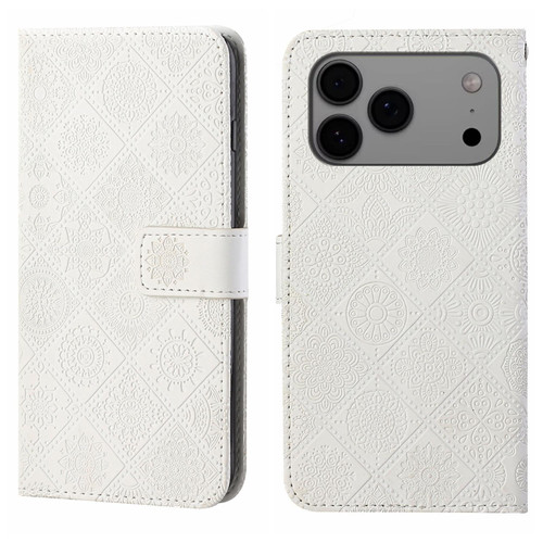 iPhone 17 Pro Ethnic Style Embossed Pattern Leather Phone Case - White