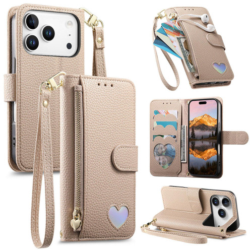 iPhone 17 Pro Fantasy Love Heart Zipper Wallet Vegan Leather Phone Case with Strap - Beige