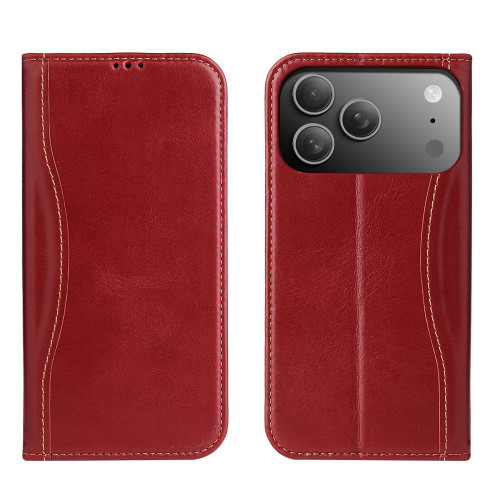 iPhone 17 Pro Fierre Shann Cowhide Leather Flip Leather Phone Case - Red