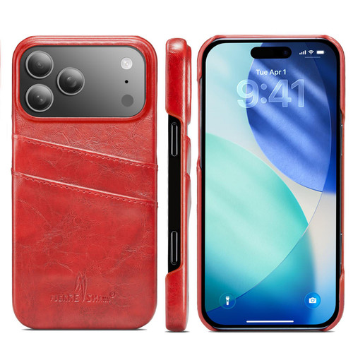 iPhone 17 Pro Fierre Shann Retro Oil Wax Texture Card Slots PU Leather Phone Case - Red