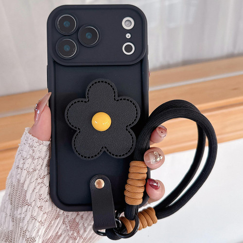 iPhone 17 Pro Floral Holder TPU Phone Case with PU Buckle Lanyard - Black