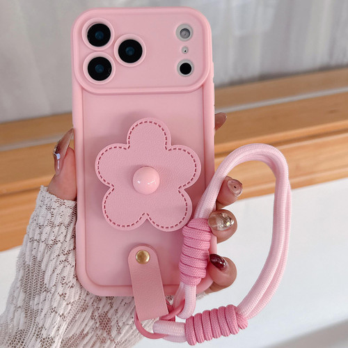 iPhone 17 Pro Floral Holder TPU Phone Case with PU Buckle Lanyard - Pink