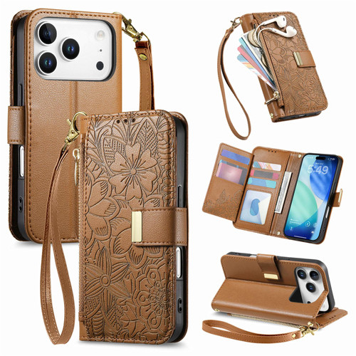 iPhone 17 Pro Flowers Leaves Zipper Wallet Leather Phone Case with Strap - Brown