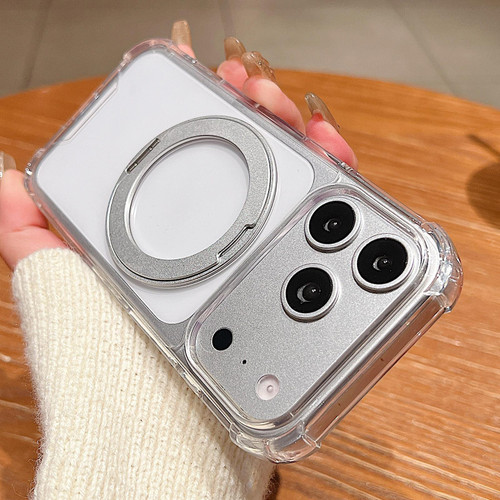 iPhone 17 Pro Four Corner Shockproof Space Magnetic Phone Case with 360 Degrees Rotating Holder - Transparent