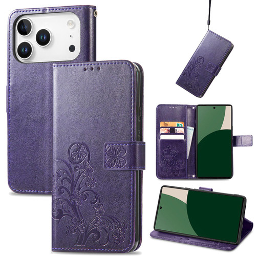 iPhone 17 Pro Four-leaf Clasp Embossed Buckle Leather Phone Case - PUrple