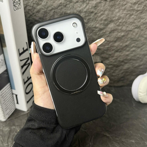 iPhone 17 Pro Frameless Leather-Skin PC MagSafe Holder Phone Case - Black