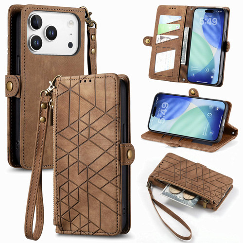 iPhone 17 Pro Geometric Zipper Wallet Side Buckle Leather Phone Case - Brown