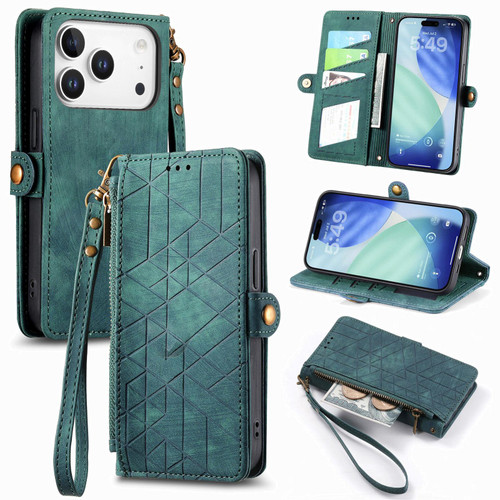 iPhone 17 Pro Geometric Zipper Wallet Side Buckle Leather Phone Case - Green