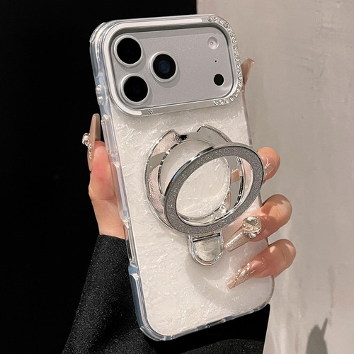 iPhone 17 Pro Gilded Colorful Shell Patterned TPU+IMD Phone Case with Glitter Magnetic Holder - White