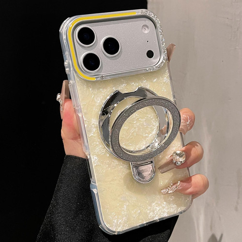 iPhone 17 Pro Gilded Colorful Shell Patterned TPU+IMD Phone Case with Glitter Magnetic Holder - Yellow