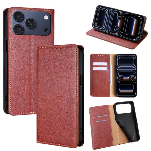 iPhone 17 Pro Gloss Oil Solid Color Magnetic Leather Phone Case - Brown