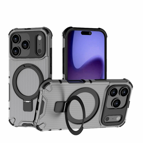 iPhone 17 Pro Grating Holder Shockproof Phone Case - Transparent Black