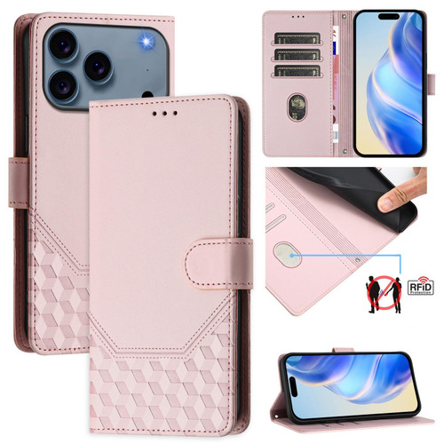 iPhone 17 Pro Honeycomb Embossing RFID Leather Phone Case - Pink