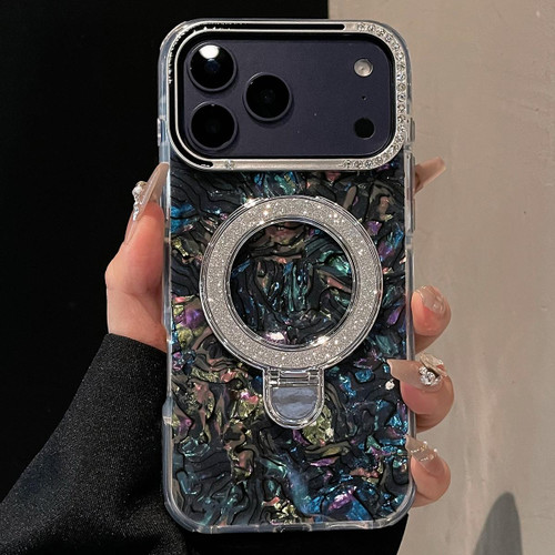 iPhone 17 Pro Ink Rhythm Colorful Shell Pattern TPU Hybrid IMD Phone Case with Glitter Holder - Black