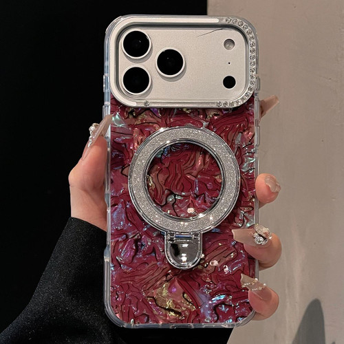 iPhone 17 Pro Ink Rhythm Colorful Shell Pattern TPU Hybrid IMD Phone Case with Glitter Holder - Wine Red