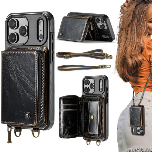 iPhone 17 Pro JEEHOOD C22 Series Zipper Wallet Leather Phone Case with Dual Lanyard - Coffee