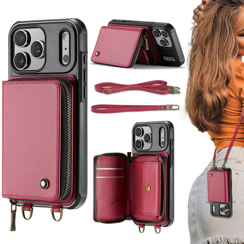 iPhone 17 Pro JEEHOOD C22 Series Zipper Wallet Leather Phone Case with Dual Lanyard - Red