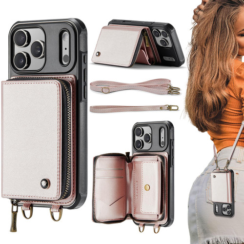 iPhone 17 Pro JEEHOOD C22 Series Zipper Wallet Leather Phone Case with Dual Lanyard - Rose Gold