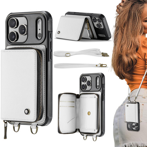 iPhone 17 Pro JEEHOOD C22 Series Zipper Wallet Leather Phone Case with Dual Lanyard - White