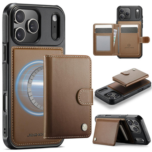 iPhone 17 Pro JEEHOOD J09 Buckle Card Bag MagSafe Magnetic Style RFID Leather Phone Case - Brown