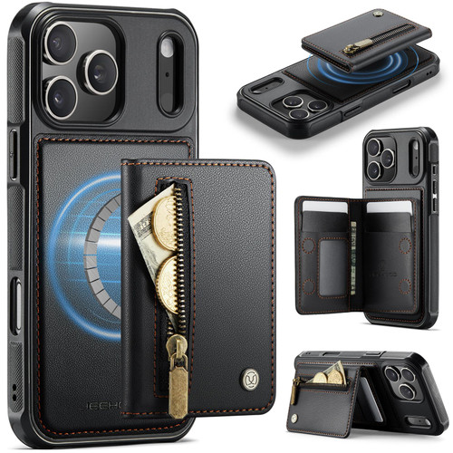 iPhone 17 Pro JEEHOOD J12 Exquisite RFID MagSafe Zipper Card Bag Phone Case - Black