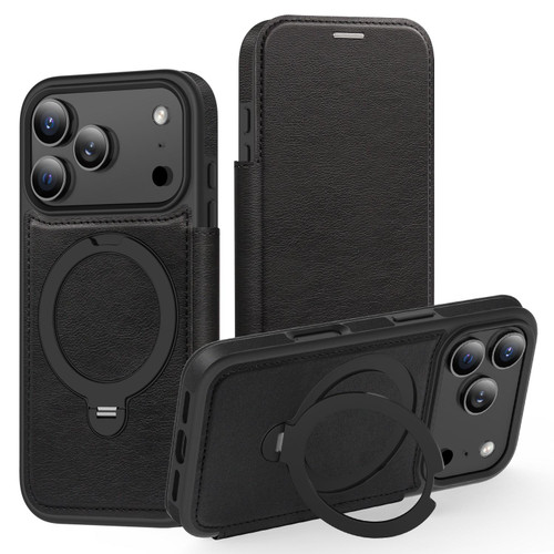 iPhone 17 Pro Knight Shield 360 Rotation Holder MagSafe RFID Leather Phone Case - Black