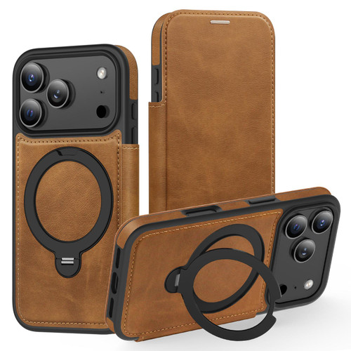 iPhone 17 Pro Knight Shield 360 Rotation Holder MagSafe RFID Leather Phone Case - Brown