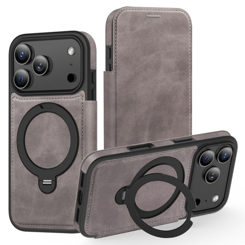 iPhone 17 Pro Knight Shield 360 Rotation Holder MagSafe RFID Leather Phone Case - Grey