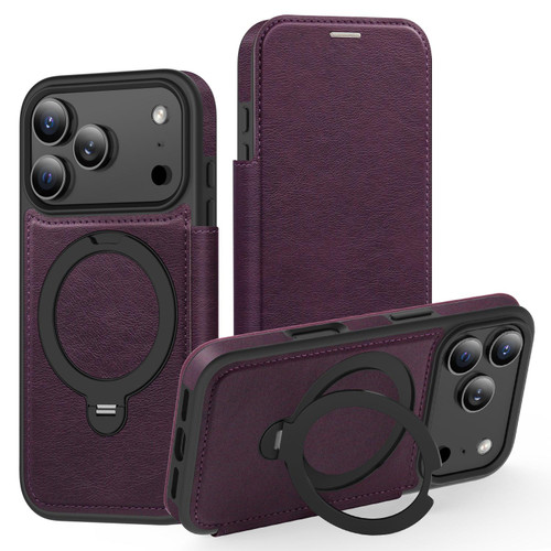 iPhone 17 Pro Knight Shield 360 Rotation Holder MagSafe RFID Leather Phone Case - Purple