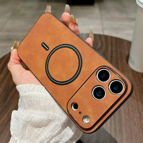 iPhone 17 Pro Lambskin Faux Leather Magnetic Phone Case - Light Brown