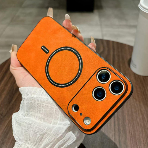 iPhone 17 Pro Lambskin Faux Leather Magnetic Phone Case - Orange