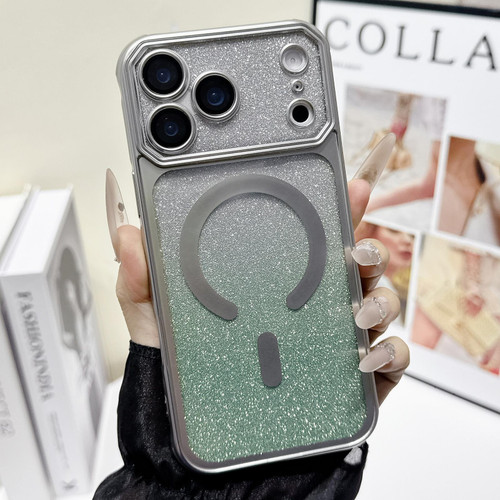 iPhone 17 Pro Large Window Glitter Gradient Matte Electroplated TPU MagSafe Phone Case - Silver
