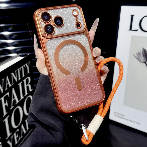 iPhone 17 Pro Large Window Glitter Gradient Matte Electroplated TPU MagSafe Phone Case with Hand Strap - Orange