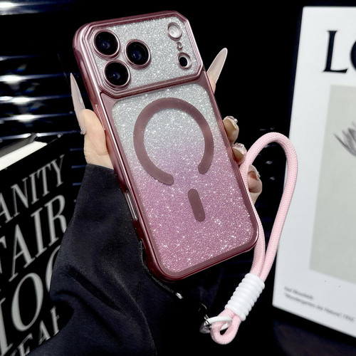iPhone 17 Pro Large Window Glitter Gradient Matte Electroplated TPU MagSafe Phone Case with Hand Strap - Pink