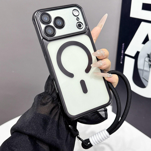 iPhone 17 Pro Large Window Matte Electroplated TPU MagSafe Phone Case with Hand Strap - Black