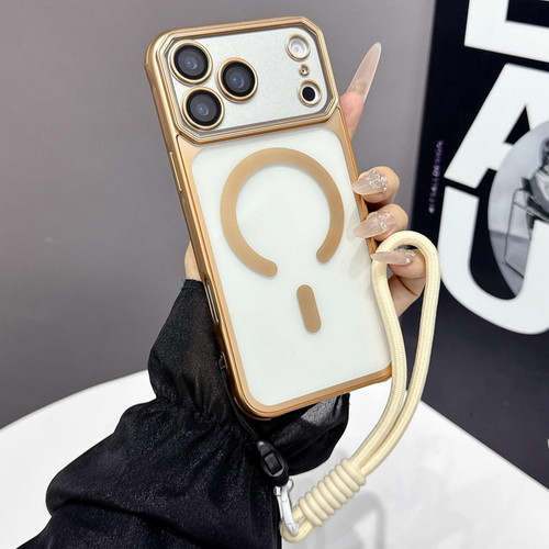 iPhone 17 Pro Large Window Matte Electroplated TPU MagSafe Phone Case with Hand Strap - Gold
