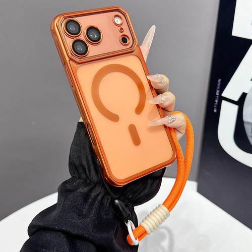 iPhone 17 Pro Large Window Matte Electroplated TPU MagSafe Phone Case with Hand Strap - Orange