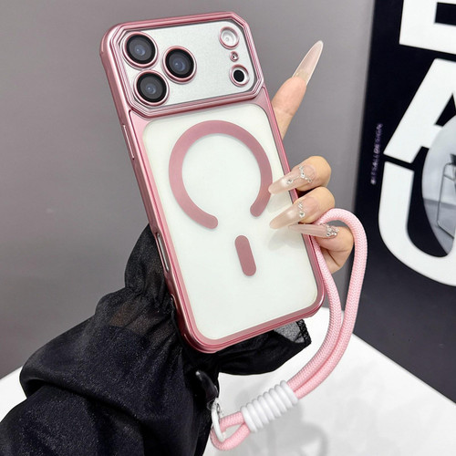 iPhone 17 Pro Large Window Matte Electroplated TPU MagSafe Phone Case with Hand Strap - Pink