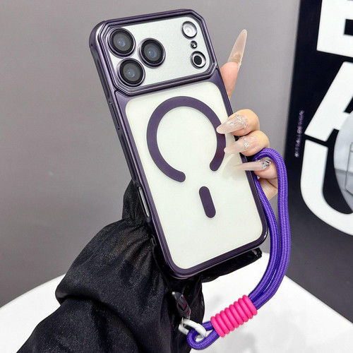 iPhone 17 Pro Large Window Matte Electroplated TPU MagSafe Phone Case with Hand Strap - Purple