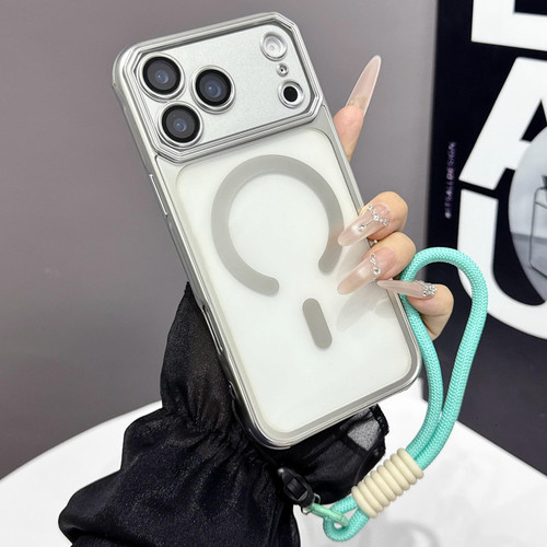 iPhone 17 Pro Large Window Matte Electroplated TPU MagSafe Phone Case with Hand Strap - Silver