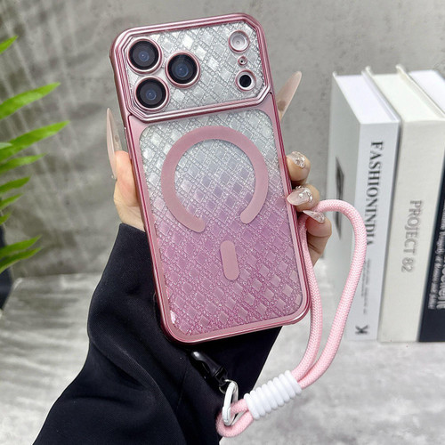 iPhone 17 Pro Large Window Rhombus Gradient Matte Electroplated TPU MagSafe Phone Case with Hand Strap - Pink
