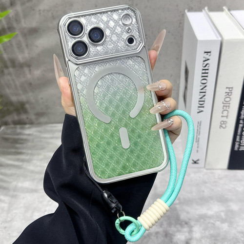 iPhone 17 Pro Large Window Rhombus Gradient Matte Electroplated TPU MagSafe Phone Case with Hand Strap - Silver